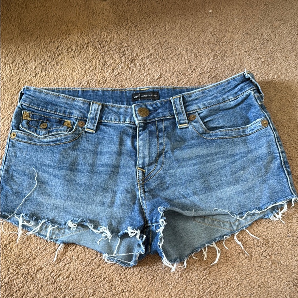 True Religion Low Rise Joey Denim Blue Distressed Women Shorts